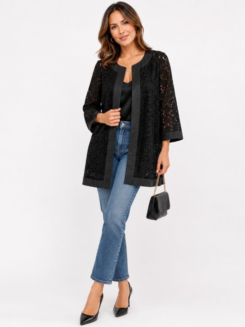 Essendi Di Nuovo Black Lace Open Front Jacket Womens 3/4 Sleeve Overlay Various